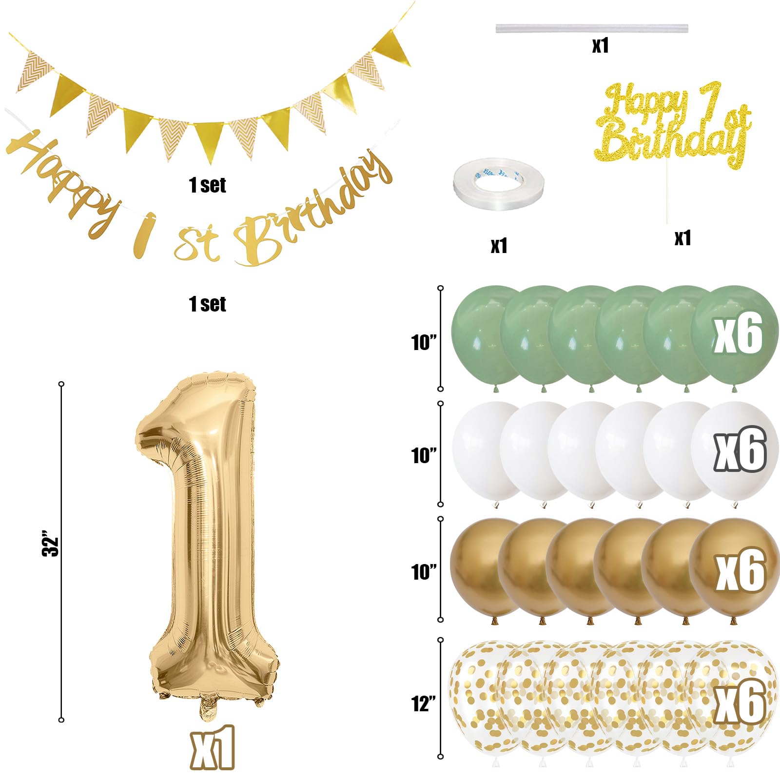 Jobkoo Sage Green Gold 1st Birthday Decorations – 24 Balloons, Banner, Bunting, Number 1 Foil Balloon for Baby's First Birthday Party