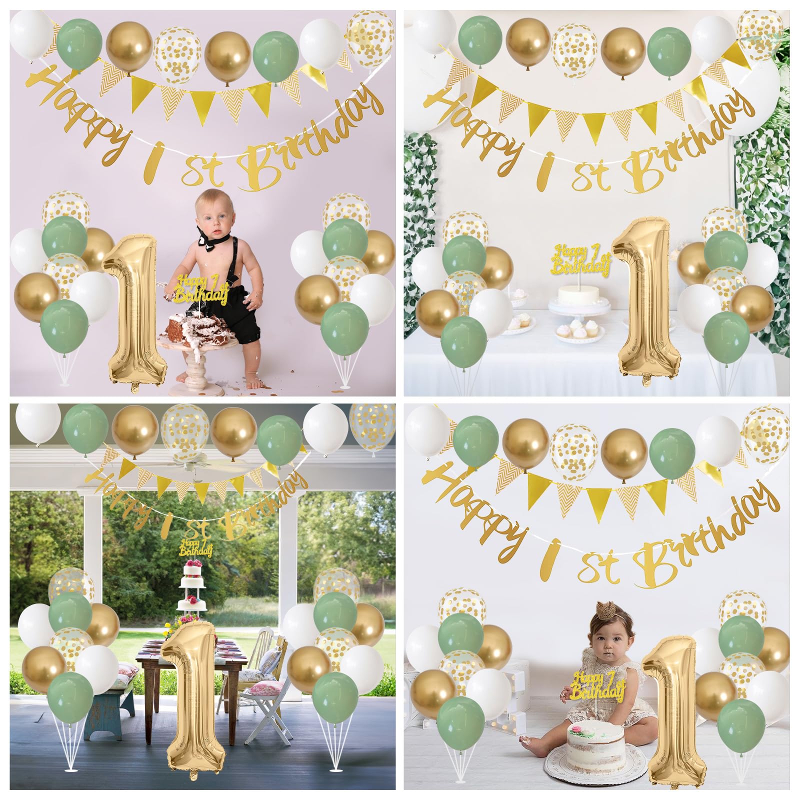 Jobkoo Sage Green Gold 1st Birthday Decorations – 24 Balloons, Banner, Bunting, Number 1 Foil Balloon for Baby's First Birthday Party
