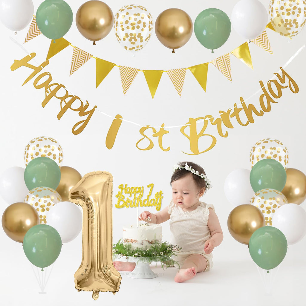 Jobkoo Sage Green Gold 1st Birthday Decorations – 24 Balloons, Banner, Bunting, Number 1 Foil Balloon for Baby's First Birthday Party