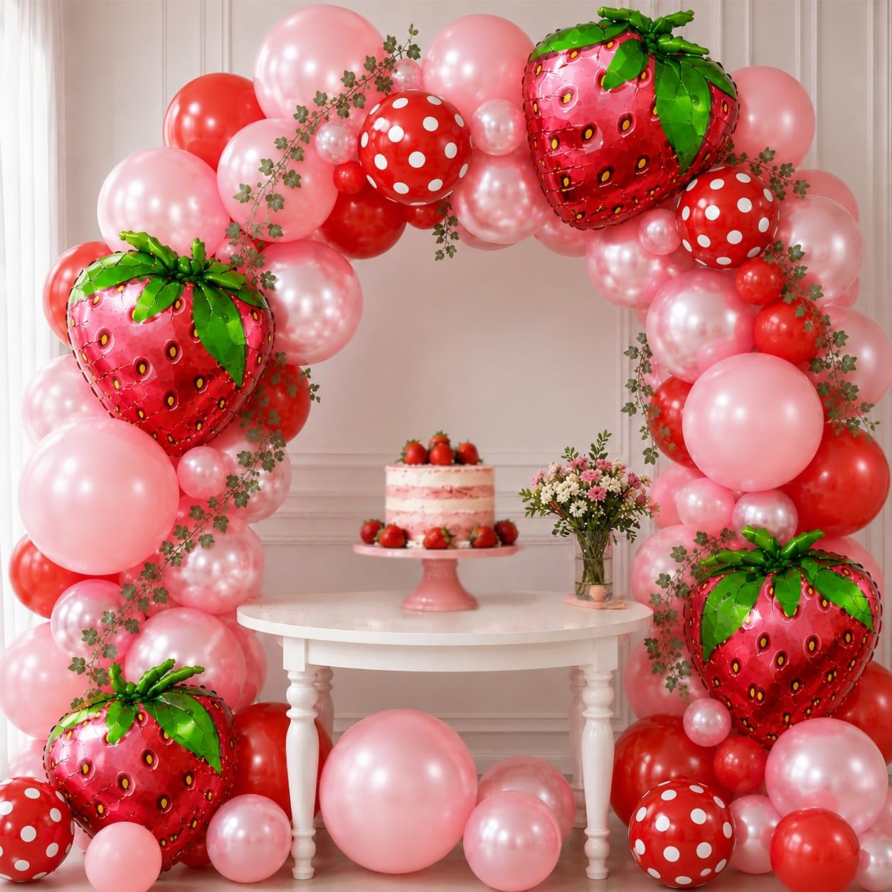 Jobkoo Strawberry Balloon Arch Kit 107 Pcs - Berry First Birthday Party Decorations with Foil & Latex Balloons