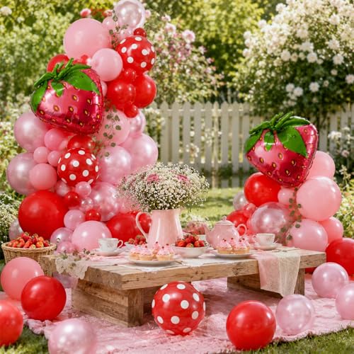 Jobkoo Strawberry Balloon Arch Kit 107 Pcs - Berry First Birthday Party Decorations with Foil & Latex Balloons