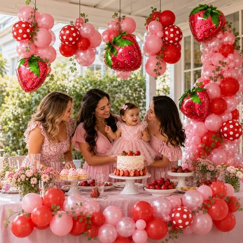 Jobkoo Strawberry Balloon Arch Kit 107 Pcs - Berry First Birthday Party Decorations with Foil & Latex Balloons