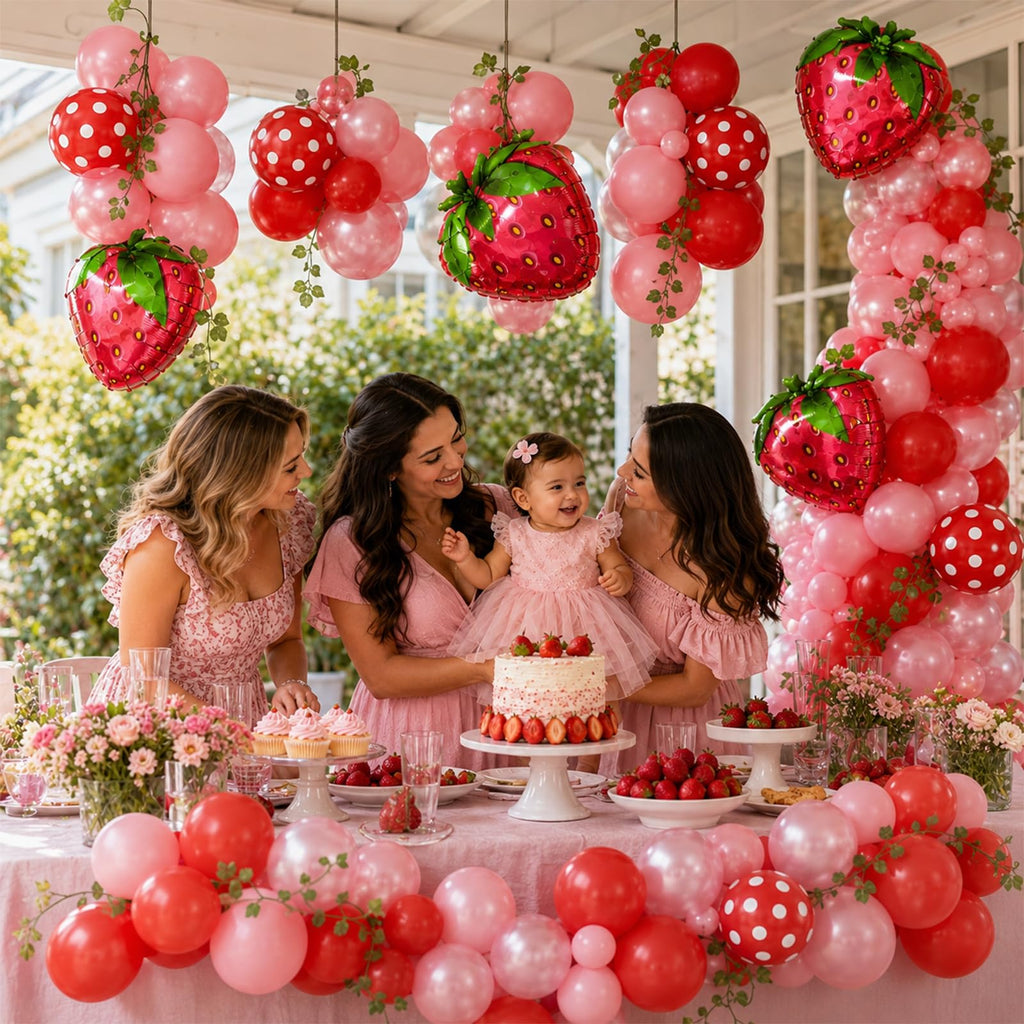 Jobkoo Strawberry Balloon Arch Kit 107 Pcs - Berry First Birthday Party Decorations with Foil & Latex Balloons