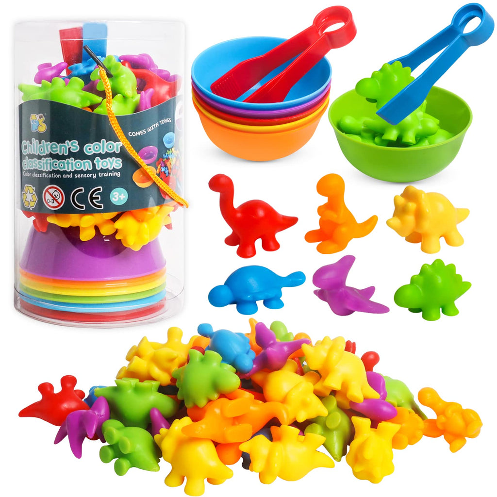 JOCHA Dinosaur Counting and Sorting Toy – 48 Dino Figures, 6 Bowls, Tweezers – Montessori STEM Learning for Toddlers 3-6
