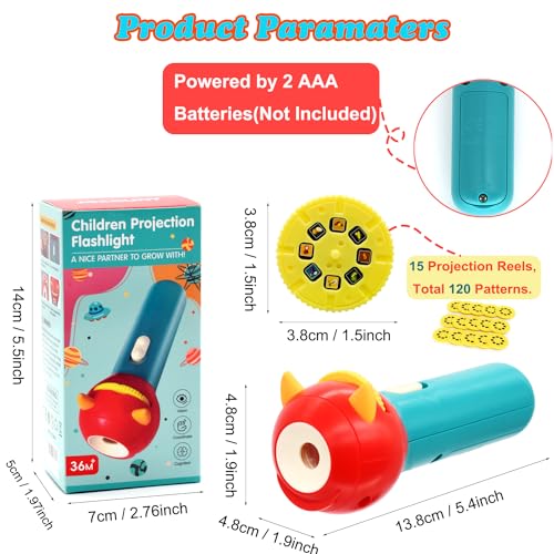 JOCOUNY Kids Projector Flashlight Toy - 120 Images, 15 Discs, Adjustable Focus, Blue-Red