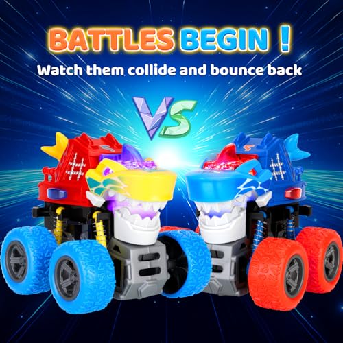 JODUDLR Dinosaur Monster Truck Toys for Kids 3-7 - Push and Go with Lights & Sounds, 360° Spin Stunts, Blue Medium 2-Pack