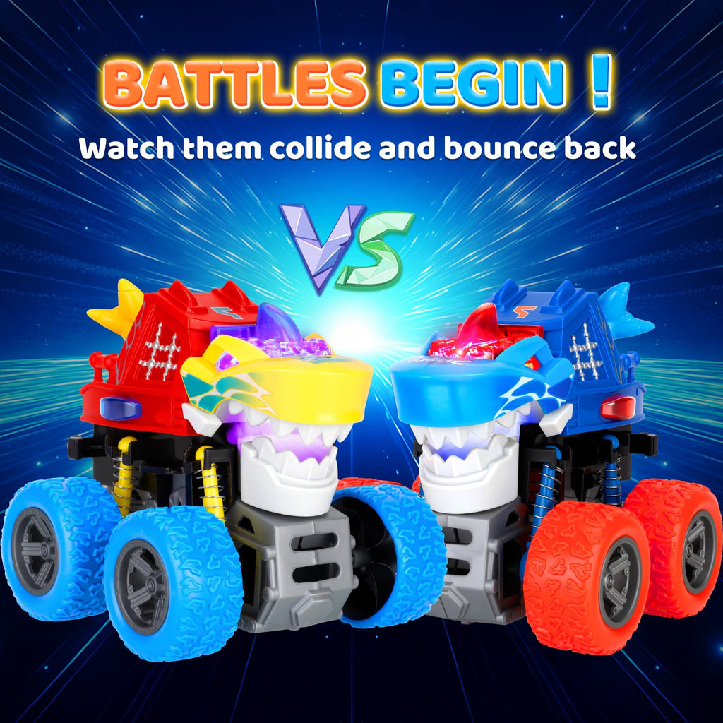 JODUDLR Dinosaur Monster Truck Toys for Kids 3-7 - Push and Go with Lights & Sounds, 360° Spin Stunts, Blue Medium 2-Pack