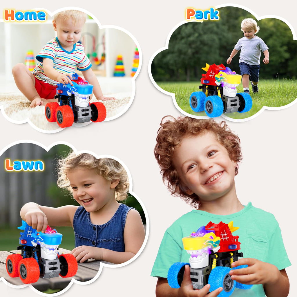 JODUDLR Dinosaur Monster Truck Toys for Kids 3-7 - Push and Go with Lights & Sounds, 360° Spin Stunts, Blue Medium 2-Pack