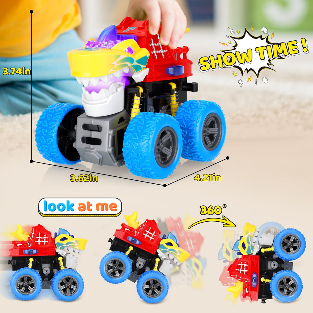 JODUDLR Dinosaur Monster Truck Toys for Kids 3-7 - Push and Go with Lights & Sounds, 360° Spin Stunts, Blue Medium 2-Pack
