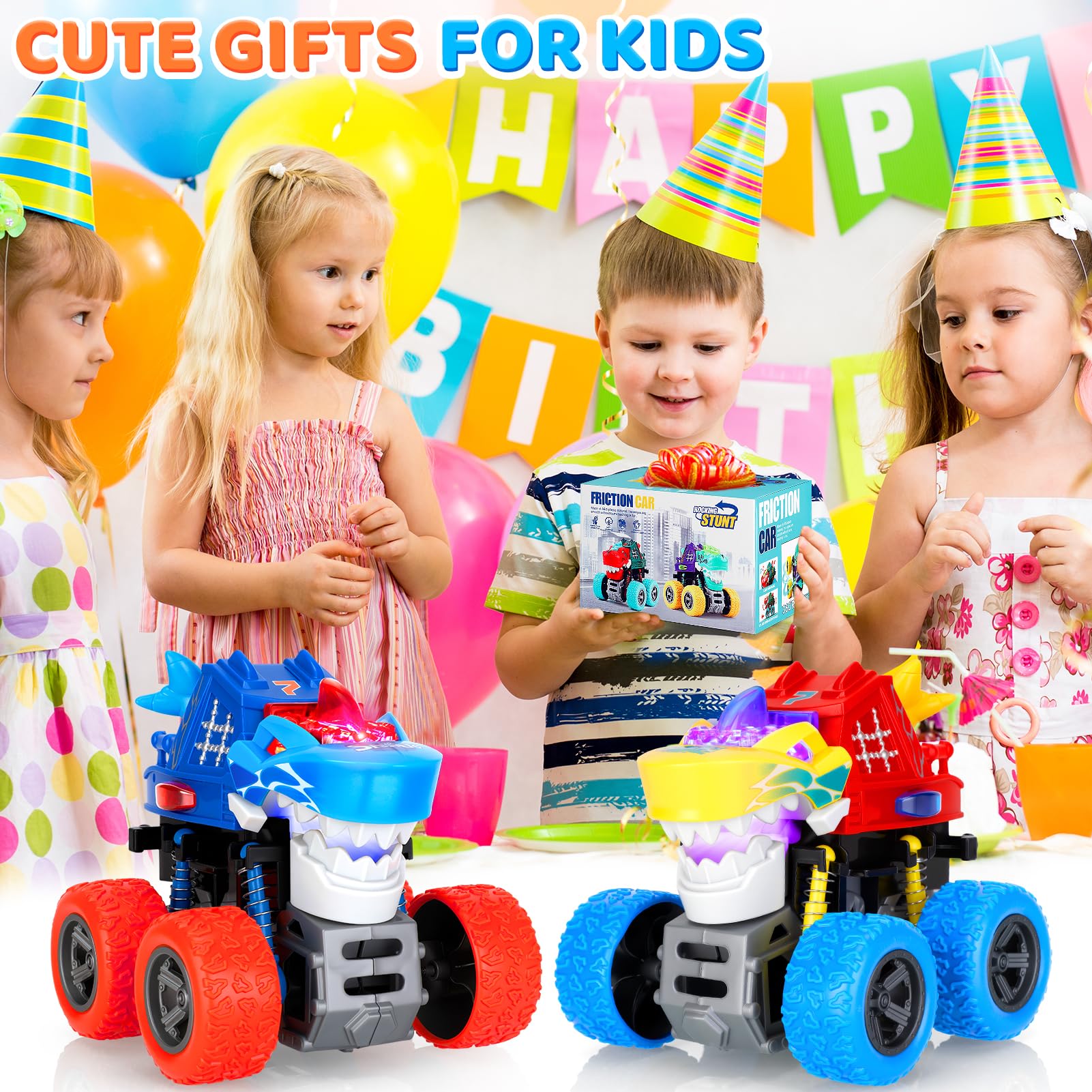 JODUDLR Dinosaur Monster Truck Toys for Kids 3-7 - Push and Go with Lights & Sounds, 360° Spin Stunts, Blue Medium 2-Pack
