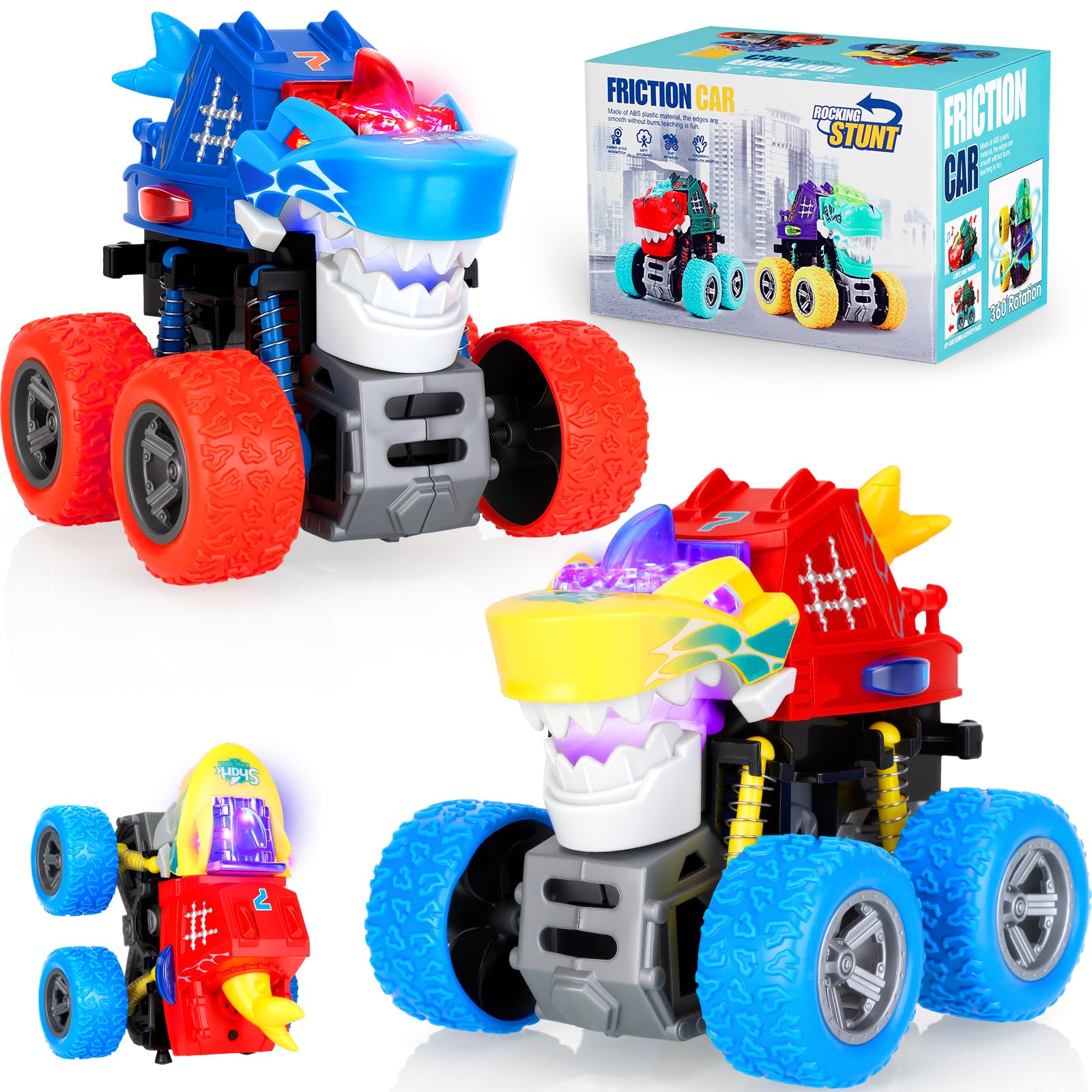 JODUDLR Dinosaur Monster Truck Toys for Kids 3-7 - Push and Go with Lights & Sounds, 360° Spin Stunts, Blue Medium 2-Pack