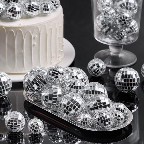 JOERSH 30-Pack Disco Ball Cake Toppers – 4 Sizes Silver Reflective Mirror Balls for 70s Party Decor