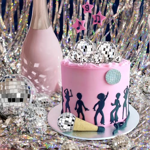 JOERSH 30-Pack Disco Ball Cake Toppers – 4 Sizes Silver Reflective Mirror Balls for 70s Party Decor
