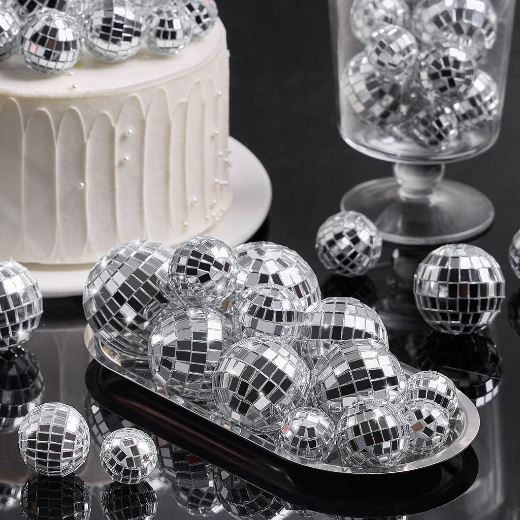 JOERSH 30-Pack Disco Ball Cake Toppers – 4 Sizes Silver Reflective Mirror Balls for 70s Party Decor