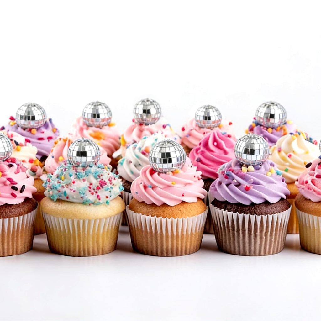 JOERSH 30-Pack Disco Ball Cake Toppers – 4 Sizes Silver Reflective Mirror Balls for 70s Party Decor