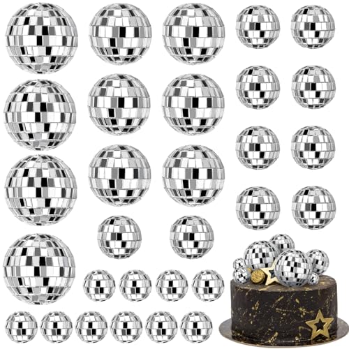JOERSH 30-Pack Disco Ball Cake Toppers – 4 Sizes Silver Reflective Mirror Balls for 70s Party Decor