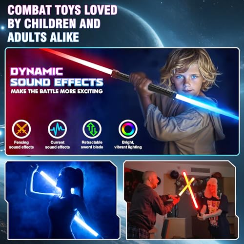 JOINBO 2-Pack Light-Up Saber Toys for Kids – 7 Color LEDs, Sound Effects, Extendable Blade 13-29 Inches