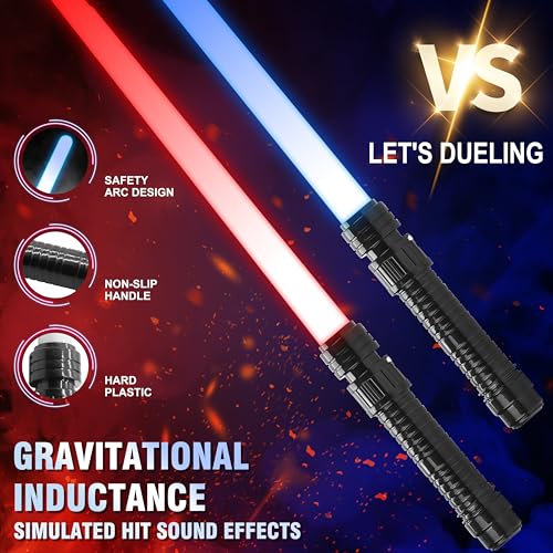 JOINBO 2-Pack Light-Up Saber Toys for Kids – 7 Color LEDs, Sound Effects, Extendable Blade 13-29 Inches