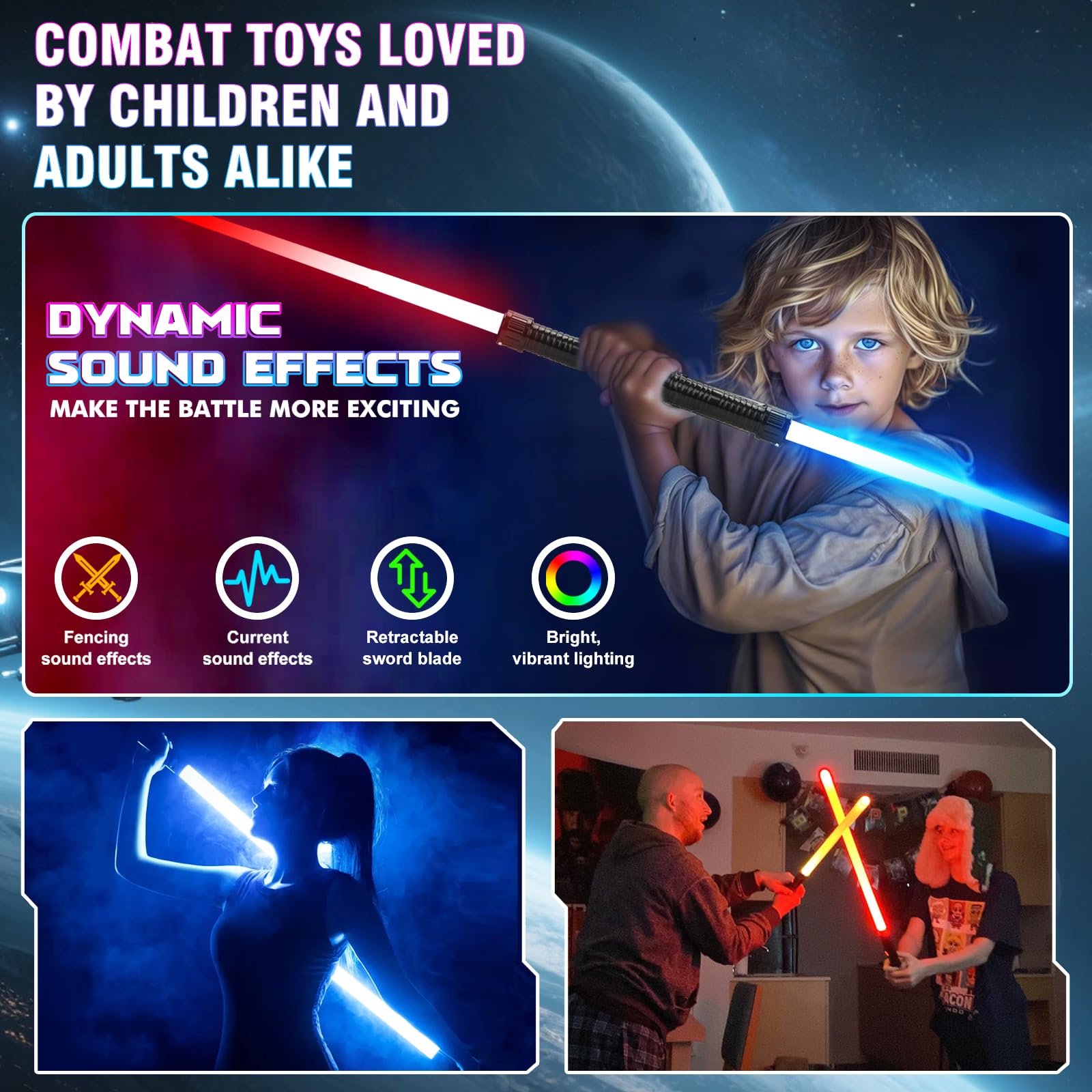 JOINBO 2-Pack Light-Up Saber Toys for Kids – 7 Color LEDs, Sound Effects, Extendable Blade 13-29 Inches
