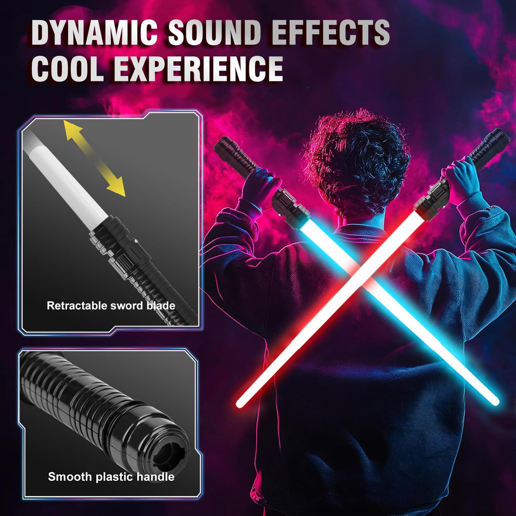 JOINBO 2-Pack Light-Up Saber Toys for Kids – 7 Color LEDs, Sound Effects, Extendable Blade 13-29 Inches