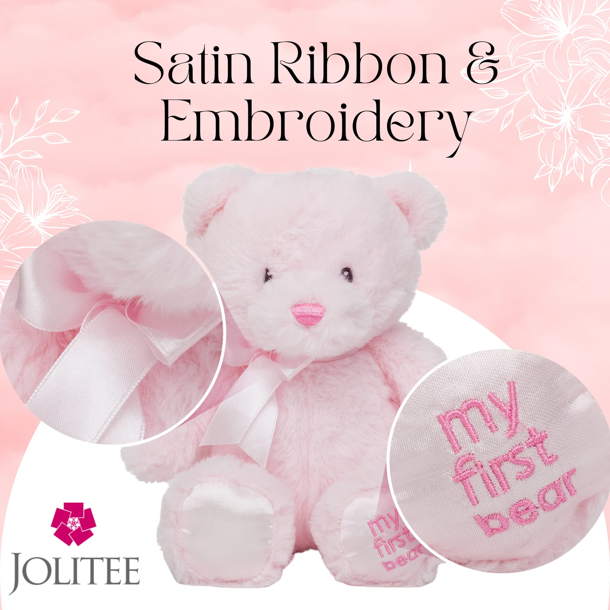 Jolitee My First Bear - 10 Inch Pink Teddy Bear for Newborns, Soft Plush with Embroidered Eyes