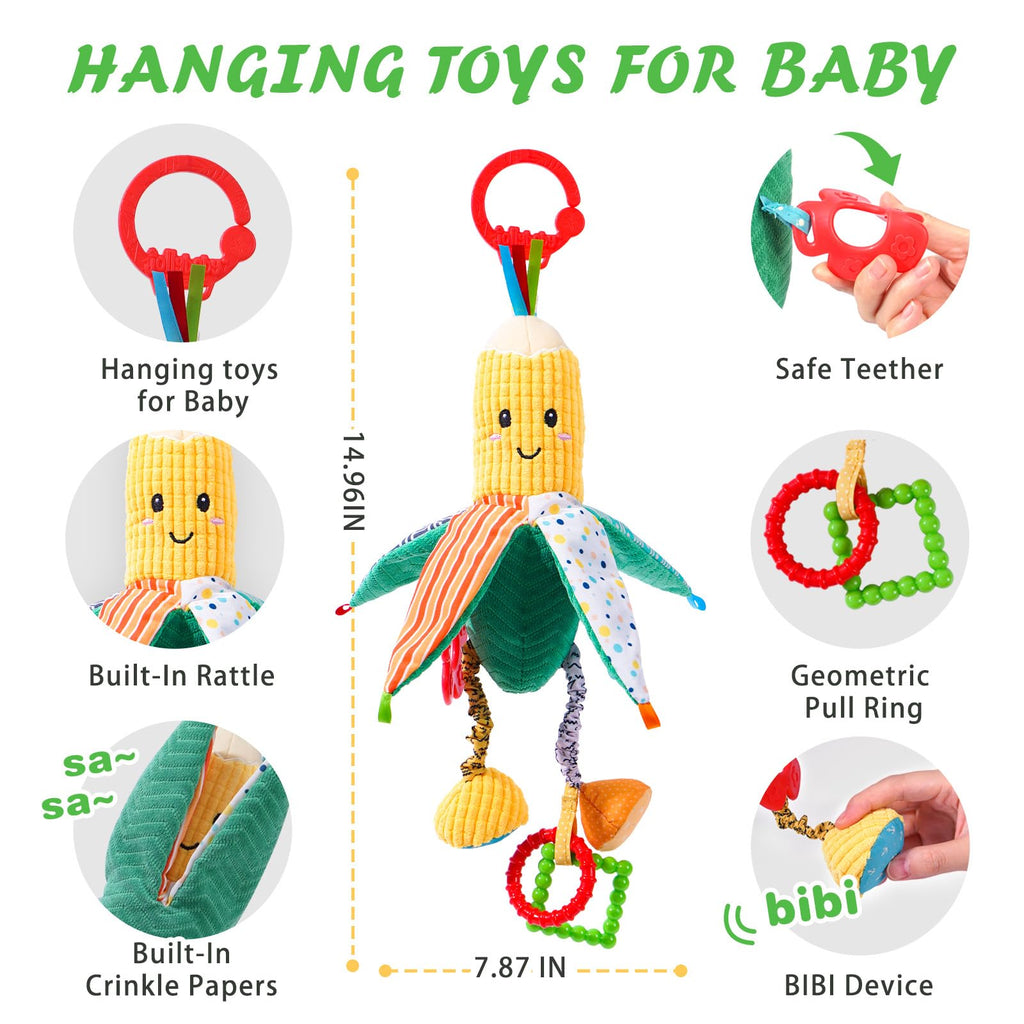 Jollybaby Hanging Rattles for Car Seat, Crib, Stroller – Plush Vegetable Toys with Bell, Crinkle, Teether for Newborns up to 12 Months