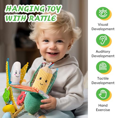 Jollybaby Hanging Rattles for Car Seat, Crib, Stroller – Plush Vegetable Toys with Bell, Crinkle, Teether for Newborns up to 12 Months