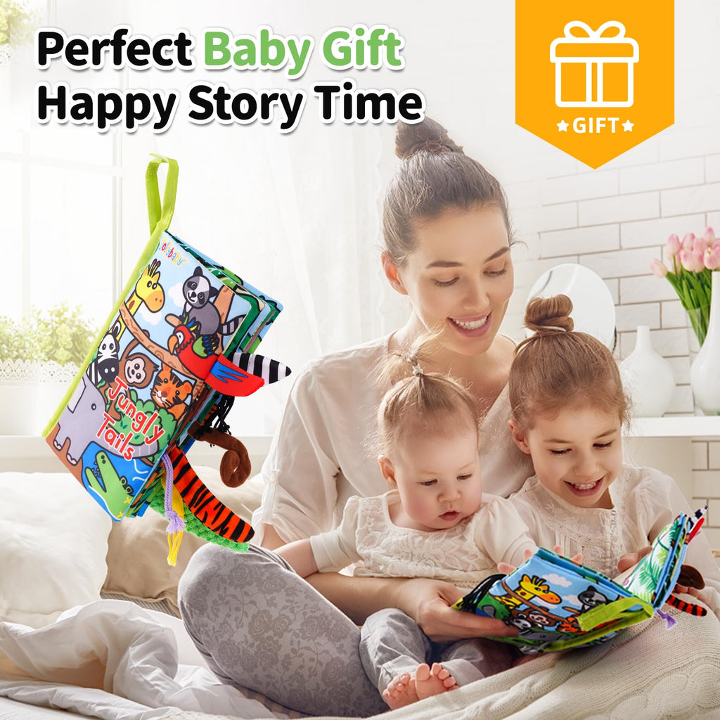Jollybaby Jungle Tails Crinkle Cloth Book – Soft Sensory Toy for 0-6 Month Infants
