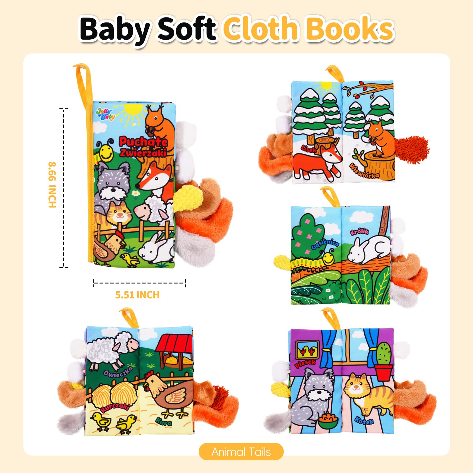 Jollybaby Plush Tails Soft Cloth Book – Crinkle, Touch & Feel Baby Toy for 0-3 Years