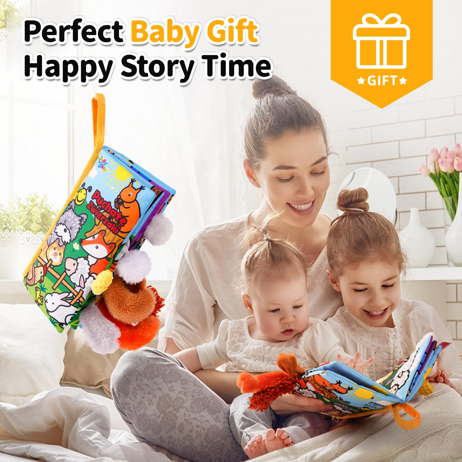 Jollybaby Plush Tails Soft Cloth Book – Crinkle, Touch & Feel Baby Toy for 0-3 Years