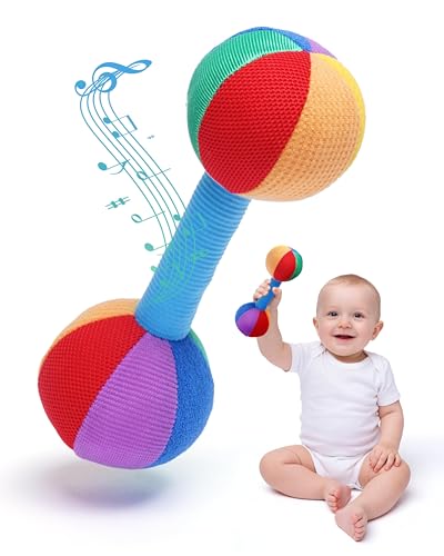 Jollybaby Soft Plush Dumbbell Rattle for Newborns 0-6 Months – High Contrast Sensory Toy with Rustling Sounds, Easy Grip, Lightweight Baby Shower Gift