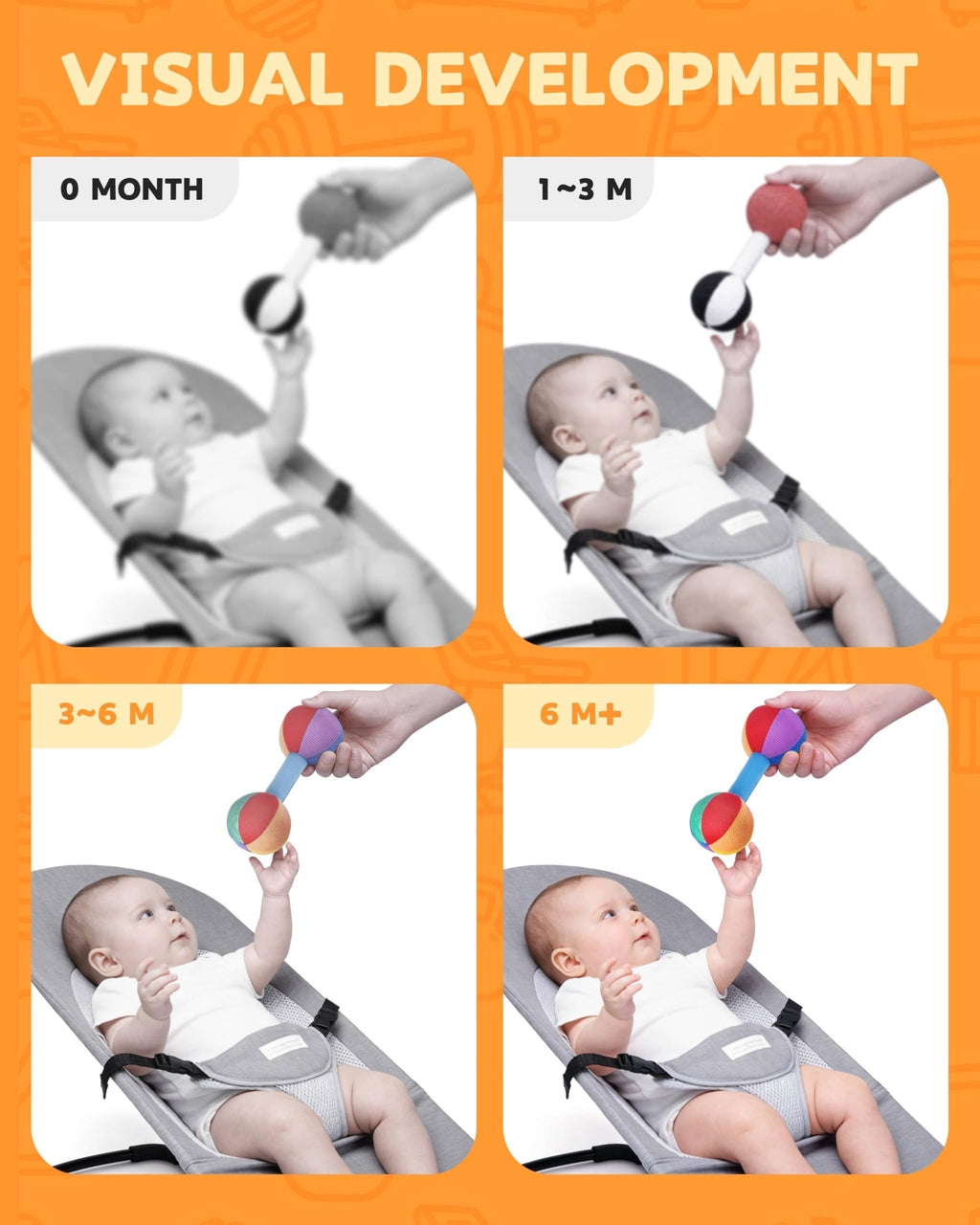 Jollybaby Soft Plush Dumbbell Rattle for Newborns 0-6 Months – High Contrast Sensory Toy with Rustling Sounds, Easy Grip, Lightweight Baby Shower Gift
