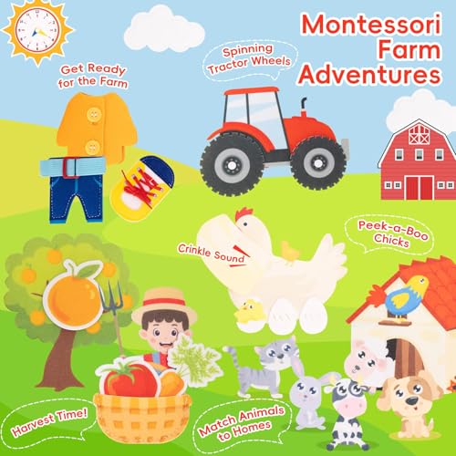 Jololino Busy Book for Toddlers – 8-Page Felt Quiet Book with Farm Animals, Montessori Sensory Toy for Fine Motor Skills, Travel Activity for Plane or Car