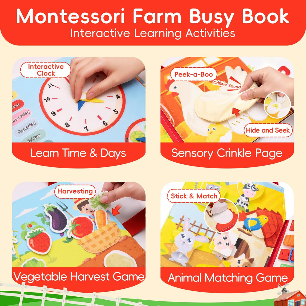 Jololino Busy Book for Toddlers – 8-Page Felt Quiet Book with Farm Animals, Montessori Sensory Toy for Fine Motor Skills, Travel Activity for Plane or Car