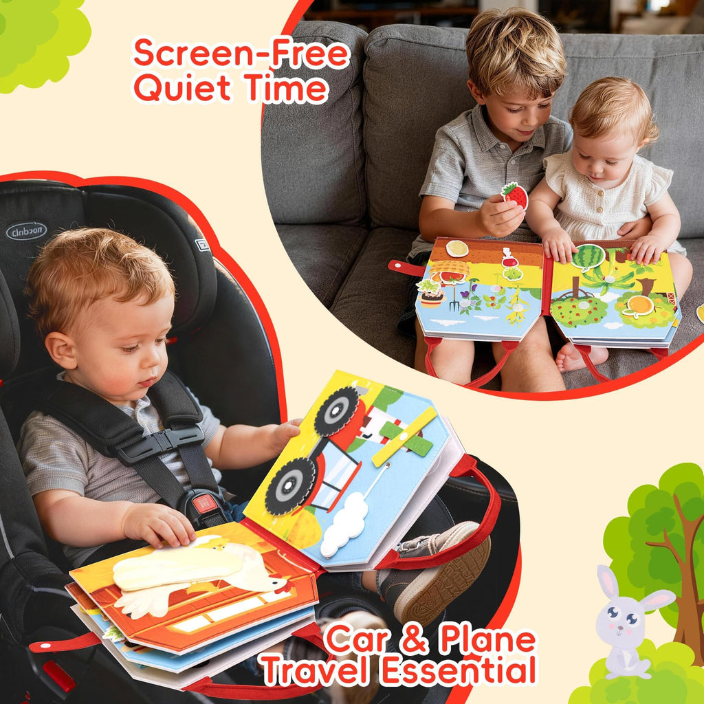 Jololino Busy Book for Toddlers – 8-Page Felt Quiet Book with Farm Animals, Montessori Sensory Toy for Fine Motor Skills, Travel Activity for Plane or Car