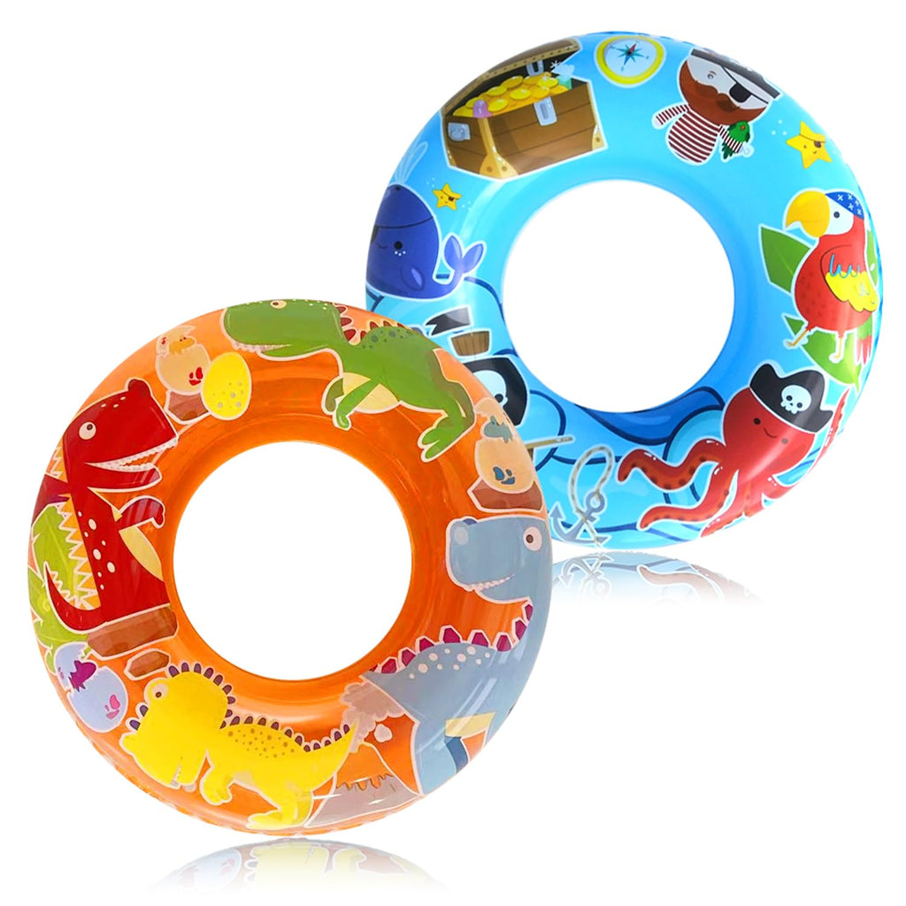 Jomi & Jolly Pirate and Dinosaur Pool Floats for Kids Ages 3-6 – 27.5 Inch Inflatable Swim Rings Set of 2