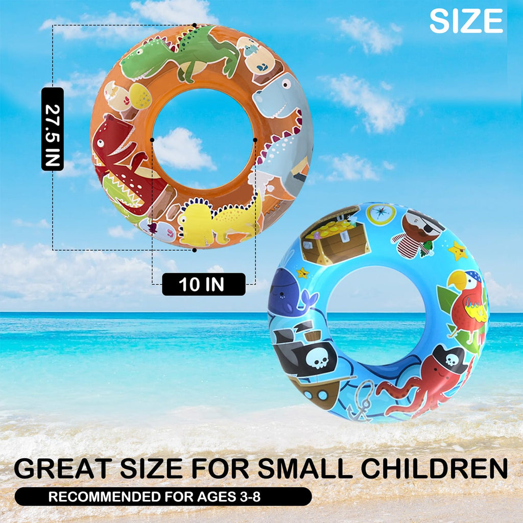 Jomi & Jolly Pirate and Dinosaur Pool Floats for Kids Ages 3-6 – 27.5 Inch Inflatable Swim Rings Set of 2