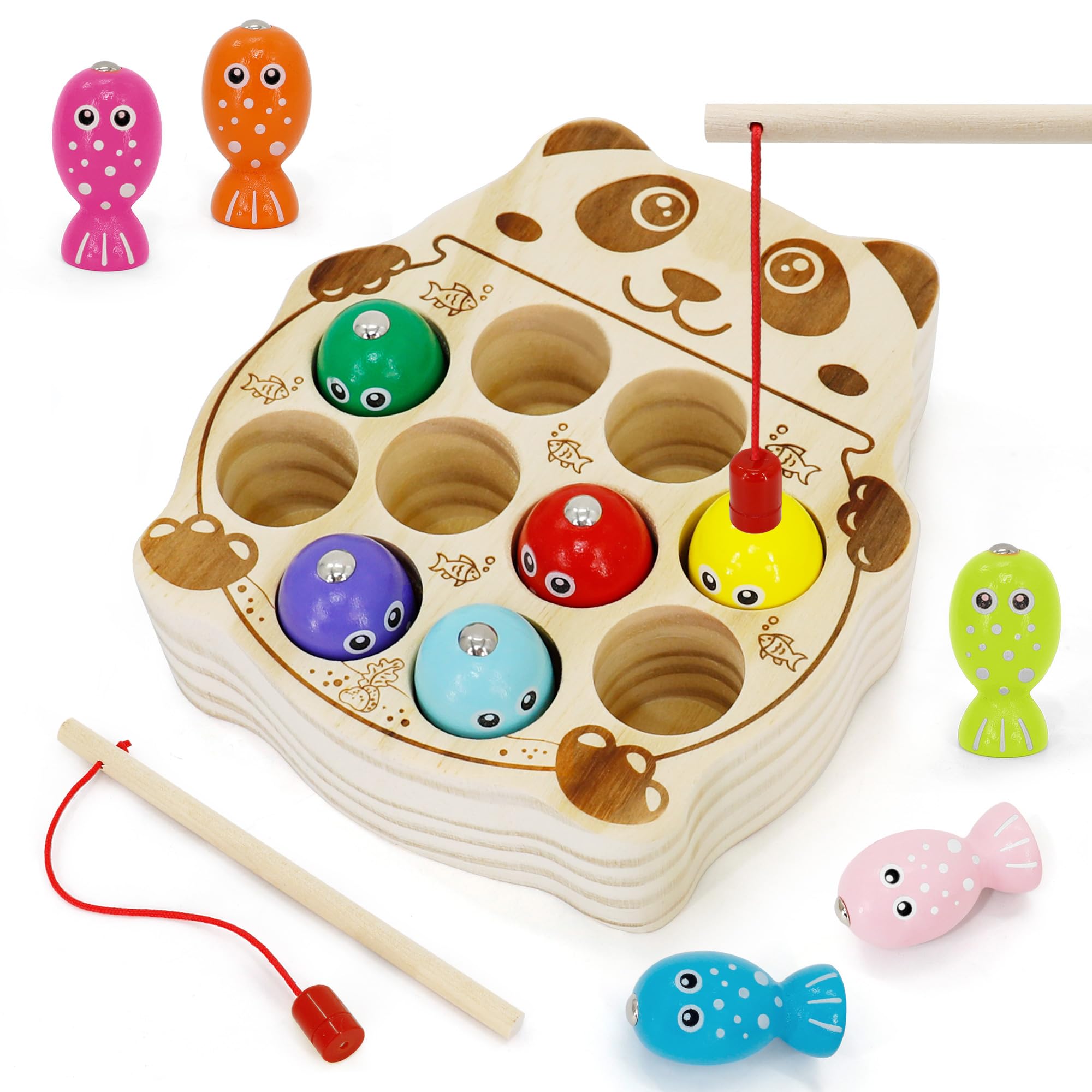JooKiddie Wooden Magnetic Fishing Game – Panda Theme, Color Sorting & Counting Toy for Ages 3-5