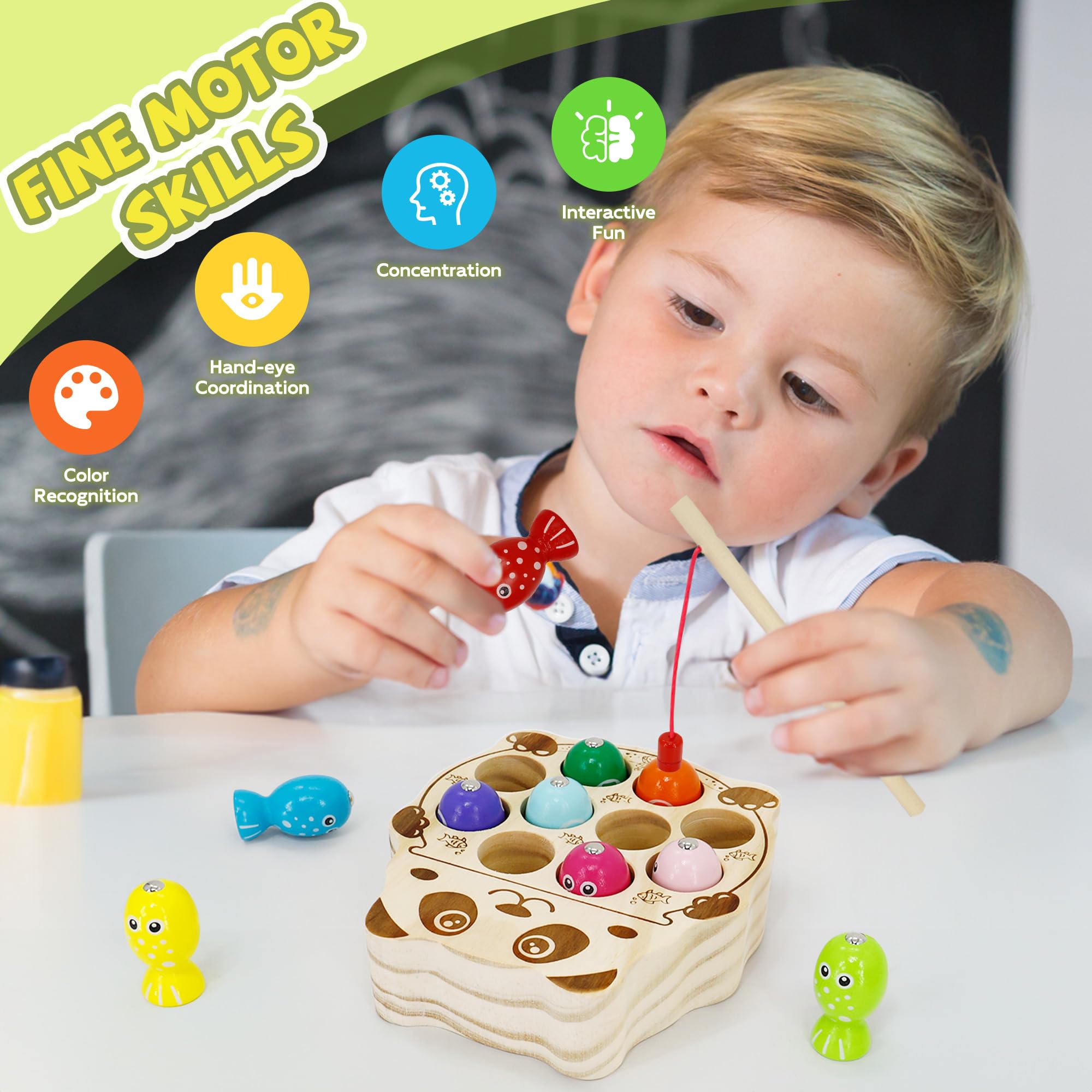 JooKiddie Wooden Magnetic Fishing Game – Panda Theme, Color Sorting & Counting Toy for Ages 3-5