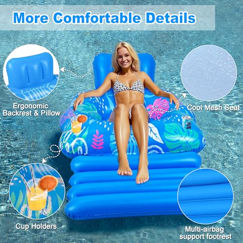 JOSEN Inflatable Pool Lounger Float - Extra-Large 60" x 42" Heavy Duty Pool Chair with Footrest and Cup Holders