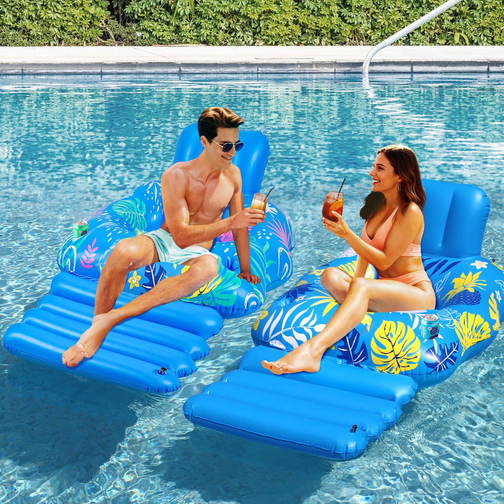 JOSEN Inflatable Pool Lounger Float - Extra-Large 60" x 42" Heavy Duty Pool Chair with Footrest and Cup Holders