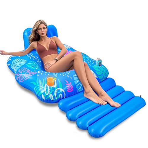 JOSEN Inflatable Pool Lounger Float - Extra-Large 60" x 42" Heavy Duty Pool Chair with Footrest and Cup Holders