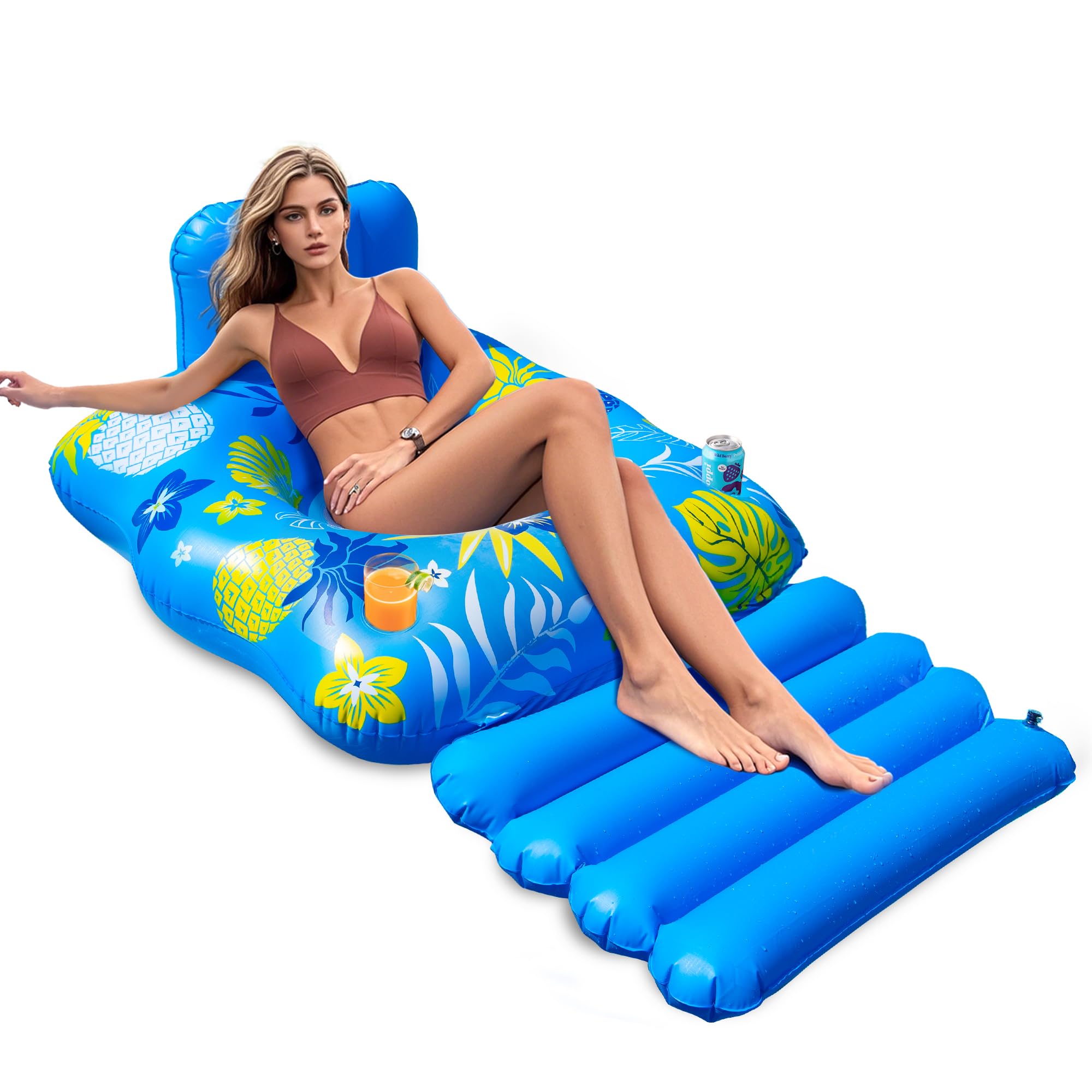JOSEN Inflatable Pool Lounger Float for Adults - Heavy Duty with Footrest and Cup Holders, 60x42 Inches Blue/Yellow