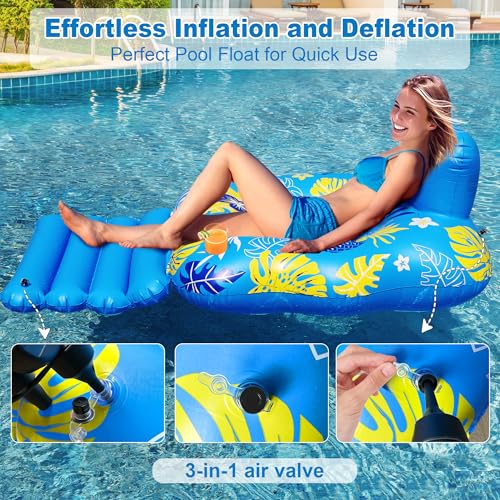 JOSEN Inflatable Pool Lounger Float for Adults - Heavy Duty with Footrest and Cup Holders, 60x42 Inches Blue/Yellow