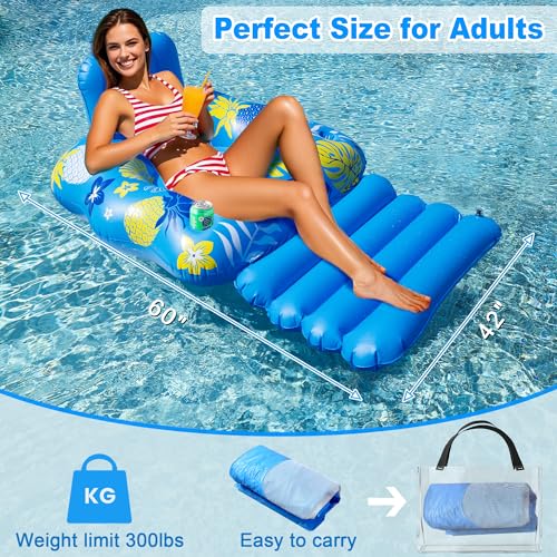 JOSEN Inflatable Pool Lounger Float for Adults - Heavy Duty with Footrest and Cup Holders, 60x42 Inches Blue/Yellow