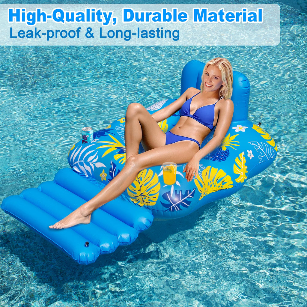 JOSEN Inflatable Pool Lounger Float for Adults - Heavy Duty with Footrest and Cup Holders, 60x42 Inches Blue/Yellow