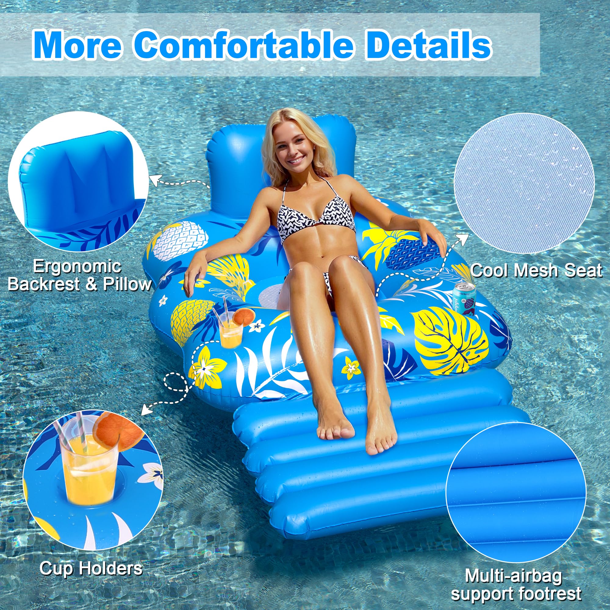 JOSEN Inflatable Pool Lounger Float for Adults - Heavy Duty with Footrest and Cup Holders, 60x42 Inches Blue/Yellow