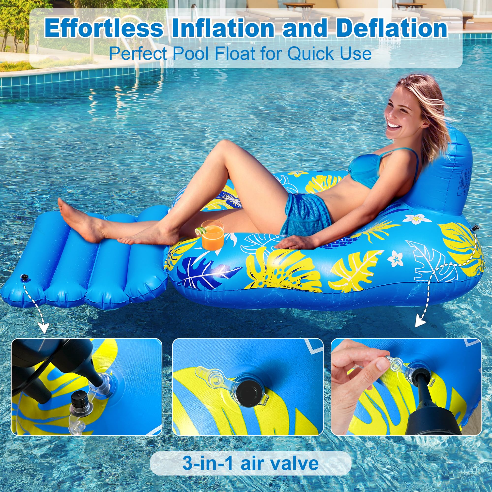 JOSEN Inflatable Pool Lounger Float for Adults - Heavy Duty with Footrest and Cup Holders, 60x42 Inches Blue/Yellow