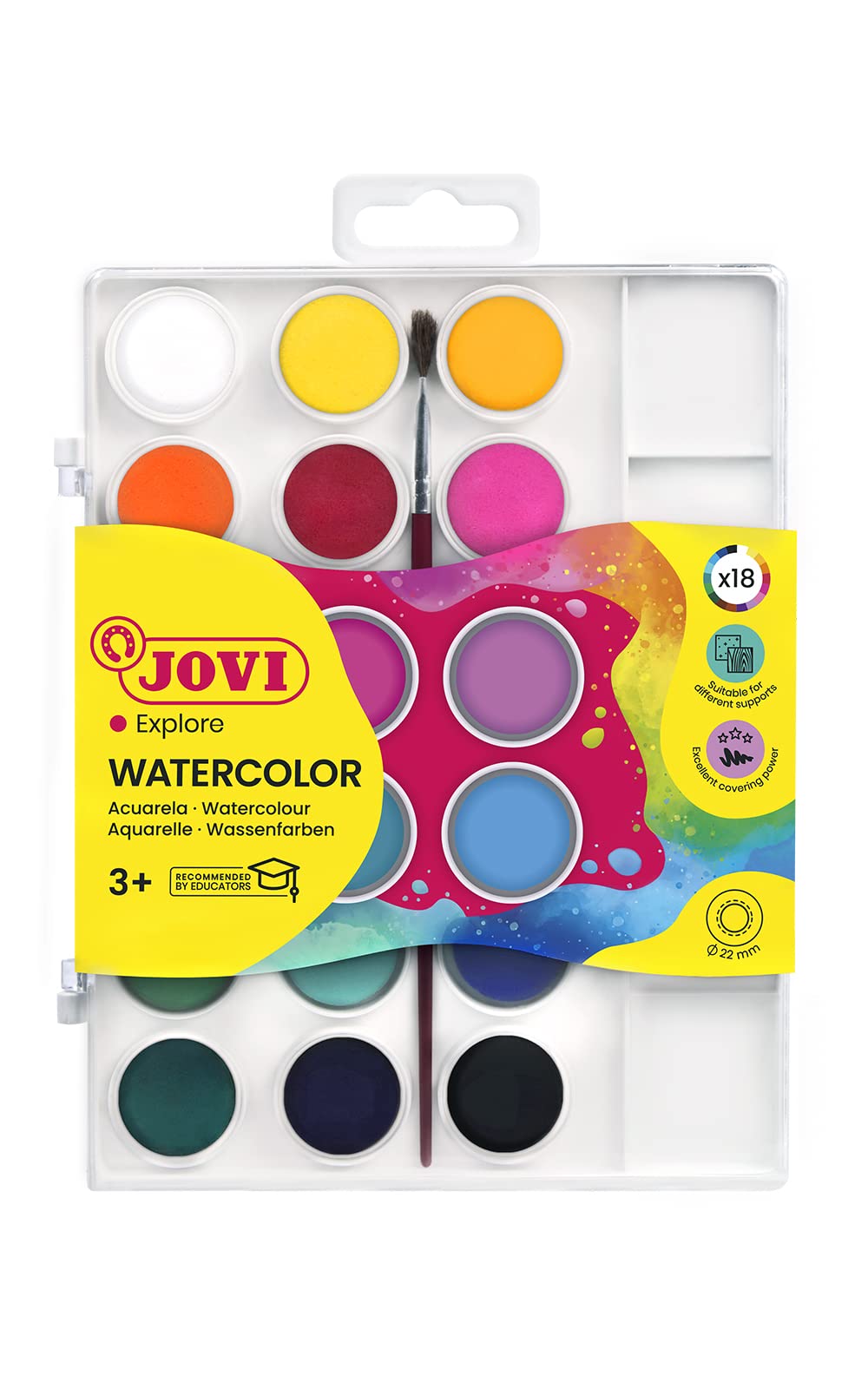 Jovi Watercolor Palette with 18 Bright Colors – Non-Toxic, Quick Drying, Includes Brush