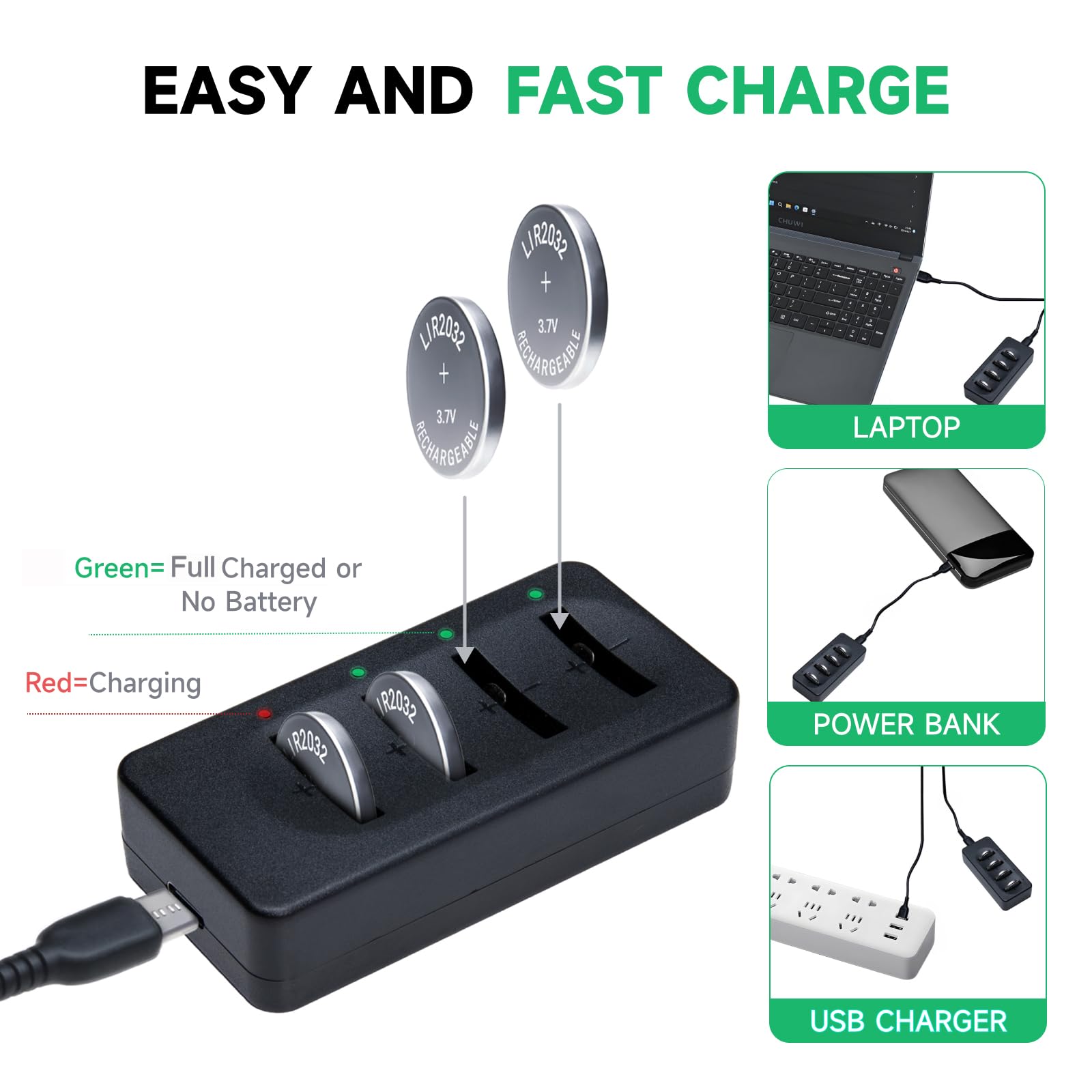JOXIYECLTL LIR2032 Rechargeable Battery 4-Pack with Charger – 3.7V 45mAh Lithium Button Cells Replace CR2032 ML2032 for Car Keys and More